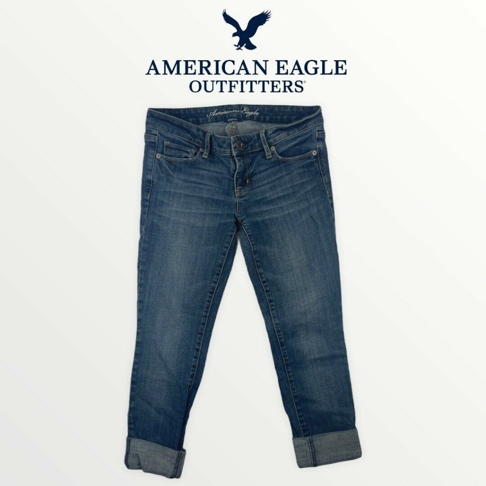American‎ Eagle Womens Size 4 Short Skinny Cropped Jeans Cuff Medium Dark Wash